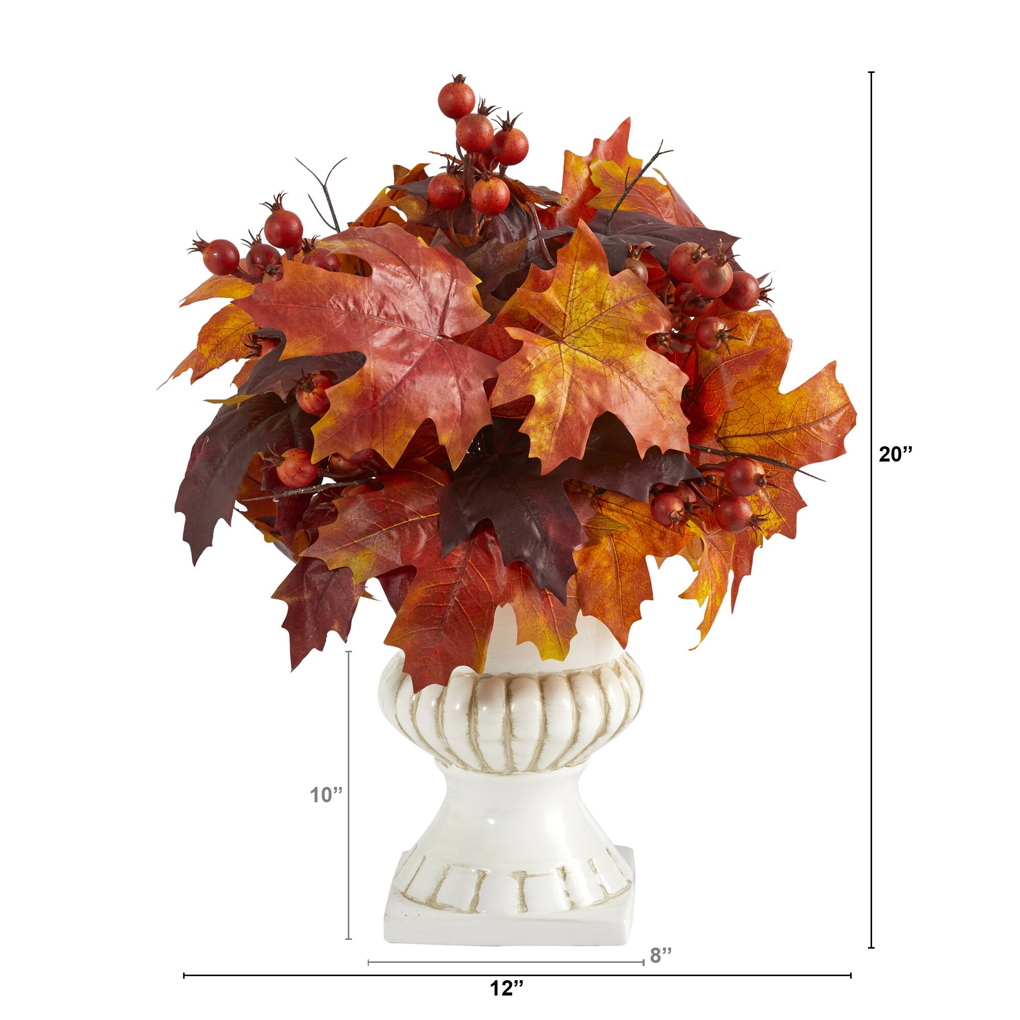 20" Autumn Maple Leaf & Berries Plant in White Urn
